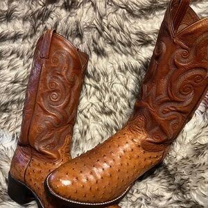 Tony Lama Tan Ostrich Leather Cowboy Boots w/flaw Sz 9 D NEW SOLES